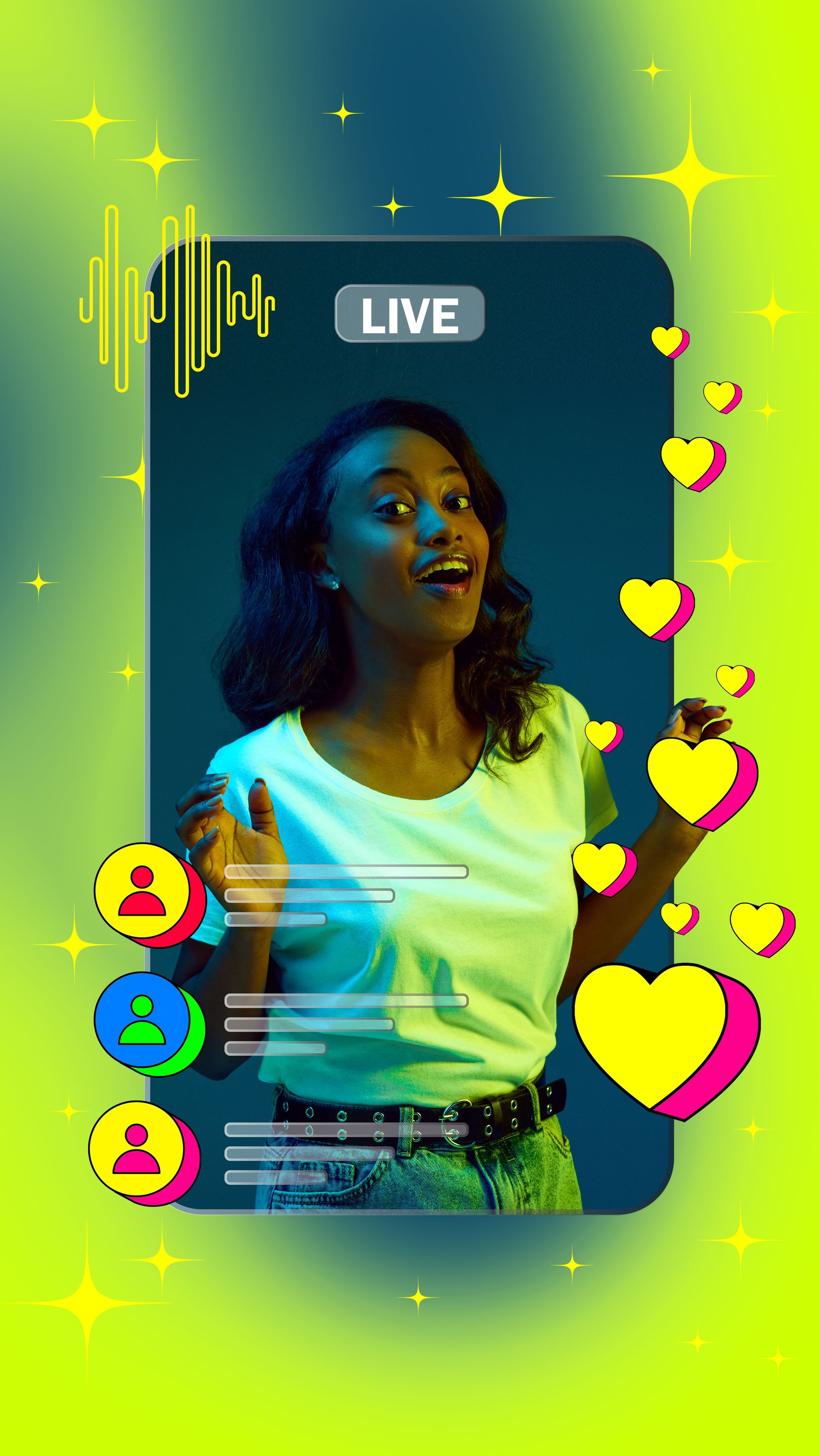 Excited happy young African woman inside mobile phone screen leading video stream surrounded by social media likes and followers icons. Creative bright design.